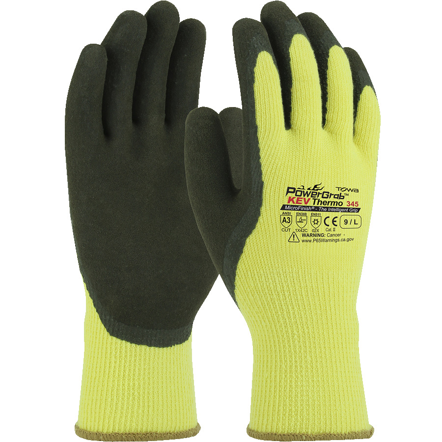 Towa 09-K1350/L Gloves, Seamless Knit, 10G Kevlar Acrylic Liner, Brown Latex Coated MicroFinish Grip, Large