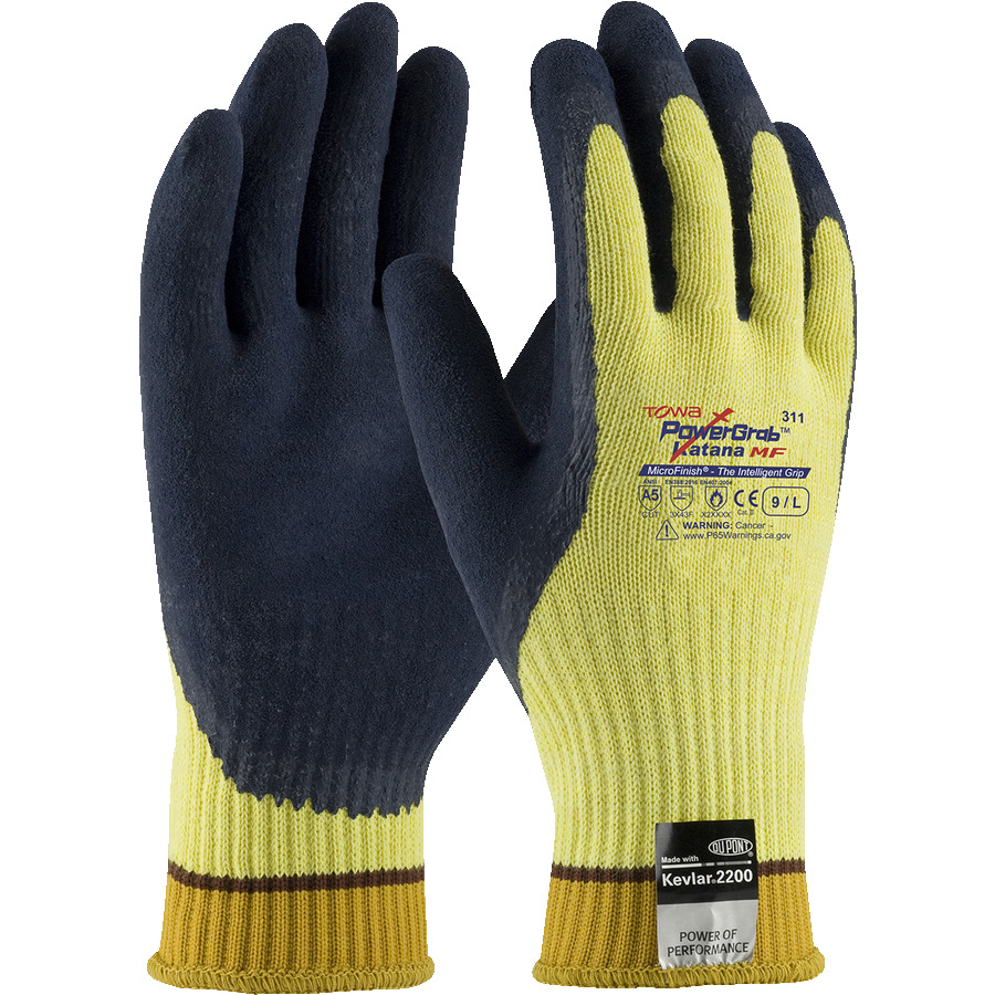 Towa 09-K1700/L Gloves, Seamless Knit, 10G Kevlar, Steel Shell, Dark Blue Latex Coated MicroFinish Grip, Large