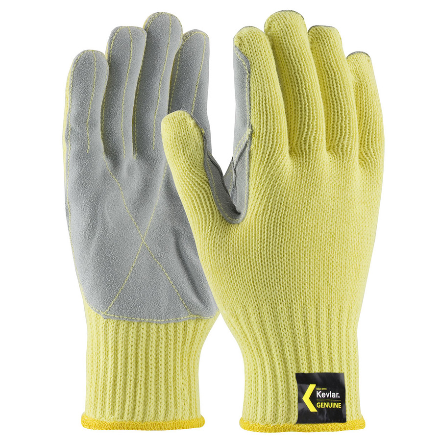 Kut Gard 09-K300LP/L Gloves, Cut Resistant, Seamless Knit, Leather Palm and Kevlar Stitching, Yellow, L