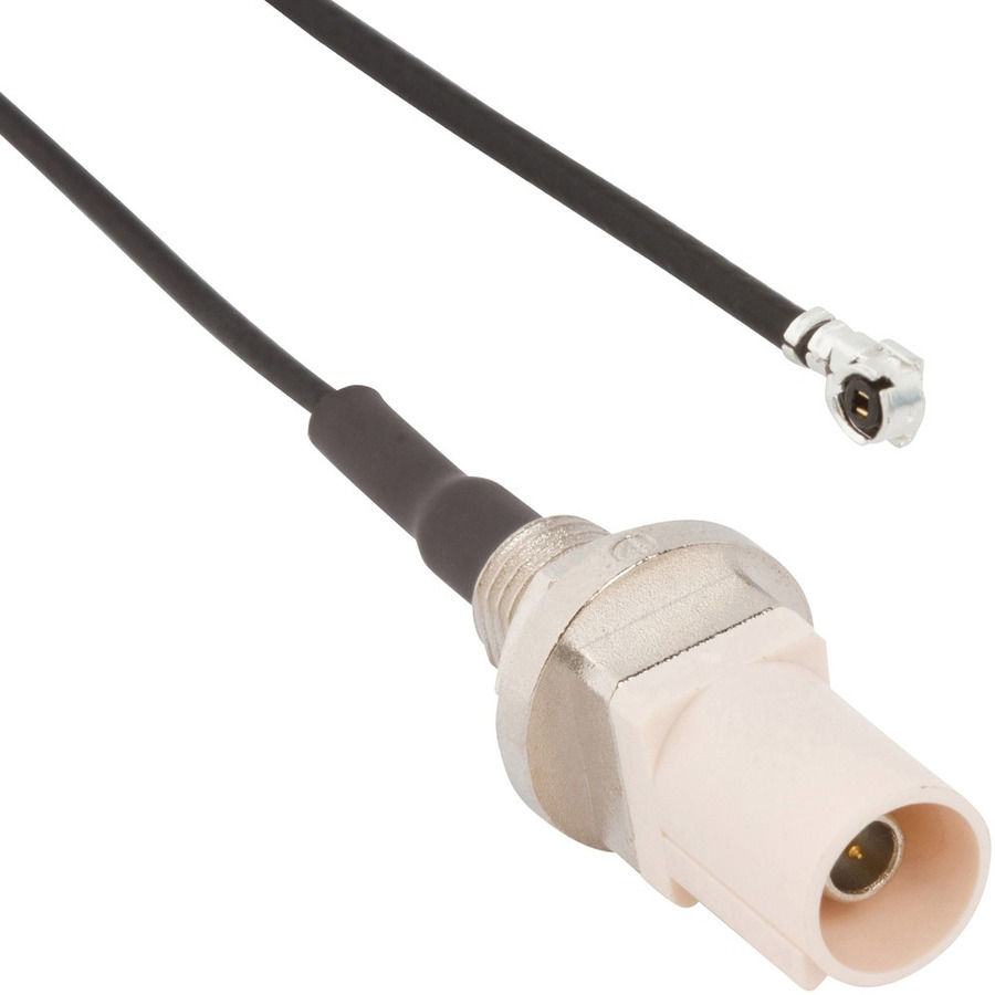 Amphenol RF 095-820-109-25B RF Micro-Cable, AMC Rt Angle Plug to FAKRA Straight Plug, Bulkhead, 250mm L, 50 Ohm, Cream