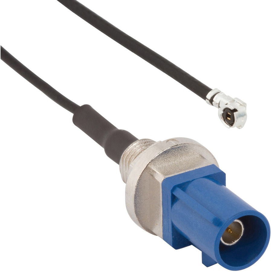 Amphenol RF 095-820-109-30C RF Micro-Cable, AMC Rt Angle Plug to FAKRA Straight Plug, Bulkhead, 300mm L, 50 Ohm, Blue