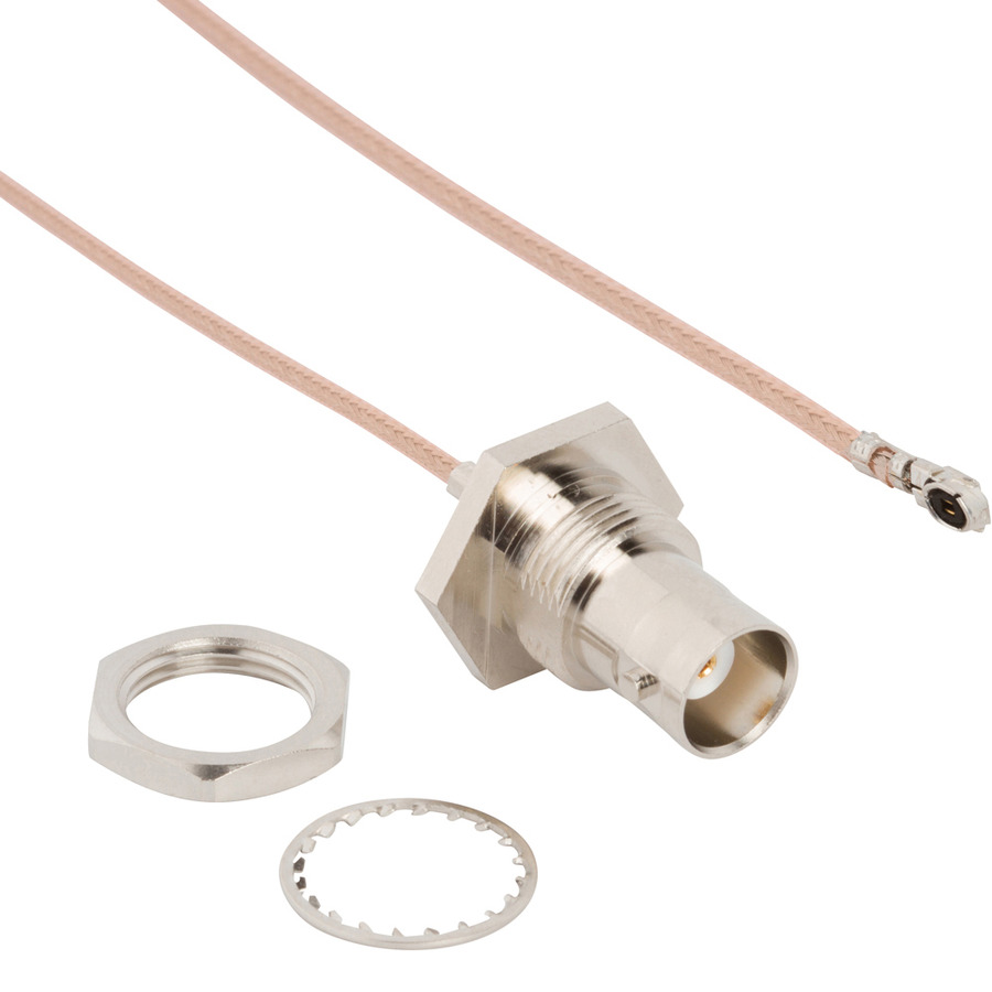 Amphenol RF 095-850-210-100 RF Cable, AMC Rt Angle Plug to BNC Straight Bulkhead, Jack, RG-178, 100mm L, 50 Ohm