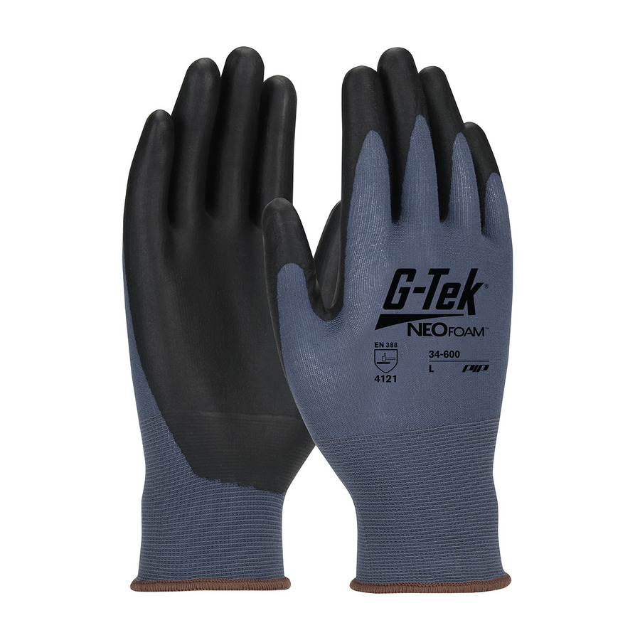 PIP 82159 Gloves, Light Duty Nylon Shell, Neofoam Grip, Blue/Black, Large, G-Tek Series