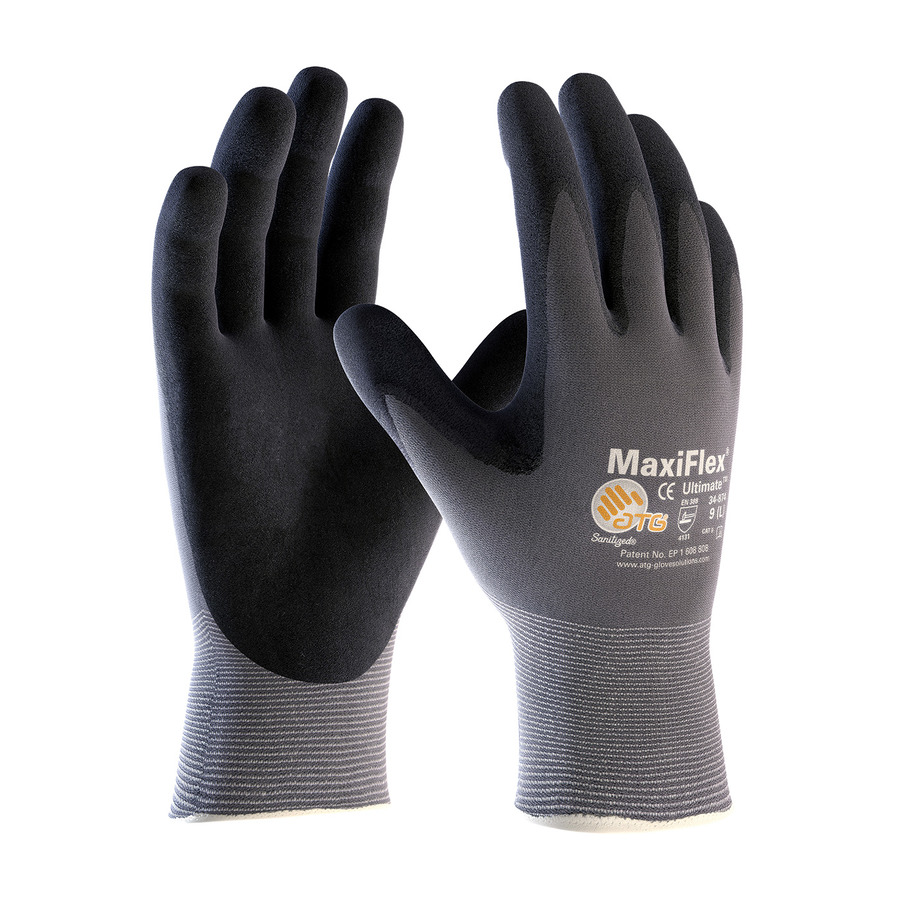 PIP 1214 Gloves, Seamless Knit Nylon, Nitrile Coat MicroFoam Grip, Ultimate Series, Blk/Gry, Large