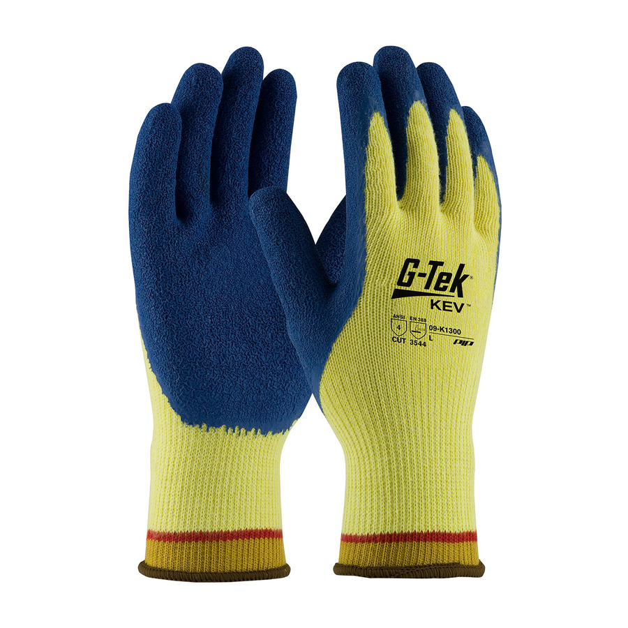 PIP 980 Gloves, Seamless Knit Kevlar, Latex Coated Crinkle Grip Palm/Fingers, Yellow/Blue, Large