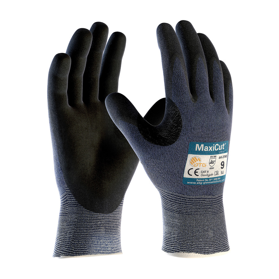 PIP 44-3745/L Gloves, MicroFoam Nitrile Coat, MaxiFlex Cut Ultra Series, Blue/Black, Large