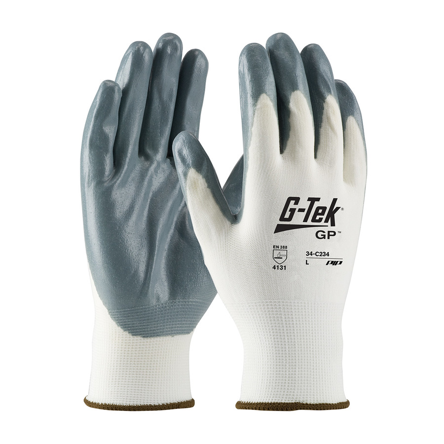 PIP 34-C234/L Gloves, Knit Nylon, Nitrile Coated, Foam Grip, Gray/Blue, Large, 12/pkg, G-Tek Series