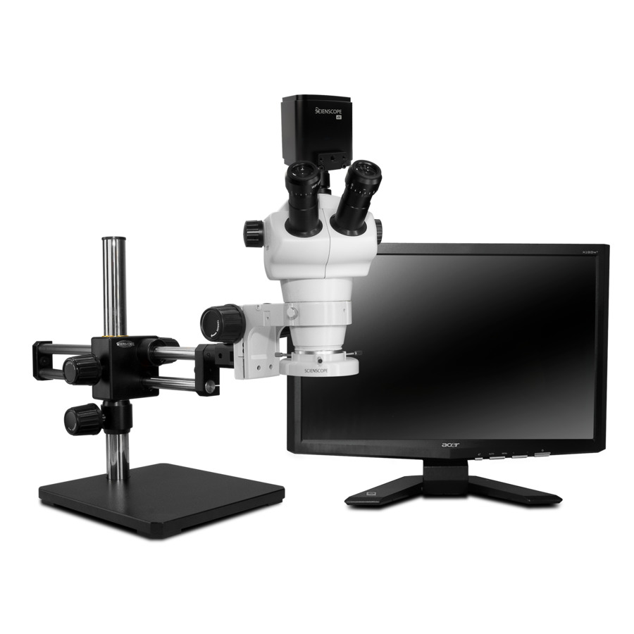 Scienscope NZ-PK12-E1 NZ Stereo Zoom TRUE Trinocular, NZ Series, Includes LED Ring Light and Dual Arm Boom Stand