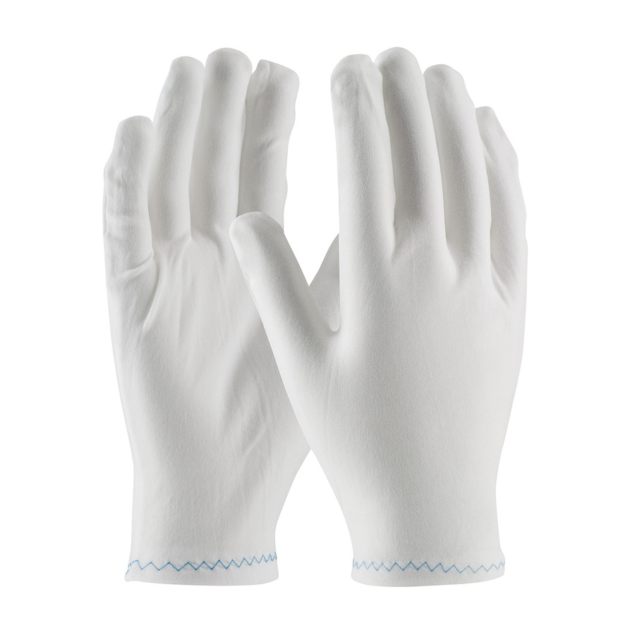 CleanTeam 98-702 Gloves, White, Men's, Stretch Nylon, Zig Zag Stitched Rolled Hem, 9"