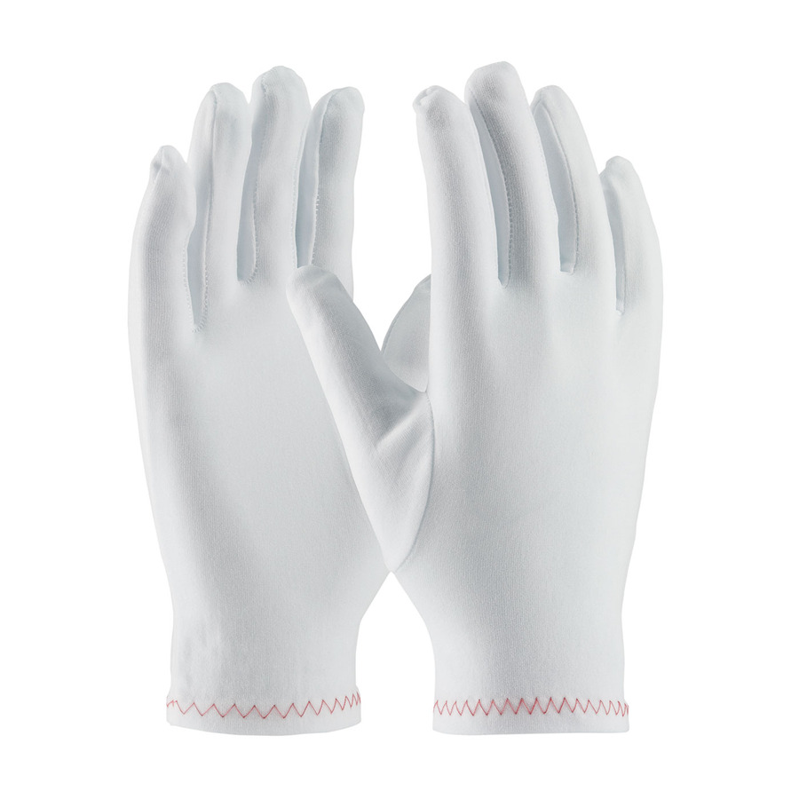 CleanTeam 98-713 Gloves, White, Women's, Stretch Nylon, Zig Zag Stitched Rolled Hem, Regular Weight