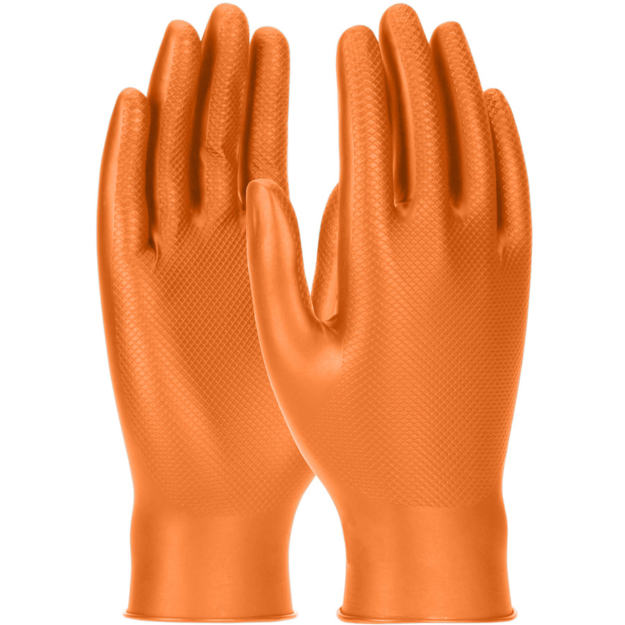 Grippaz 67-256/M Nitrile Gloves, Extended Use, Ambidex, Textur Grip, 6 mil, Orange, Medium, 50/Box