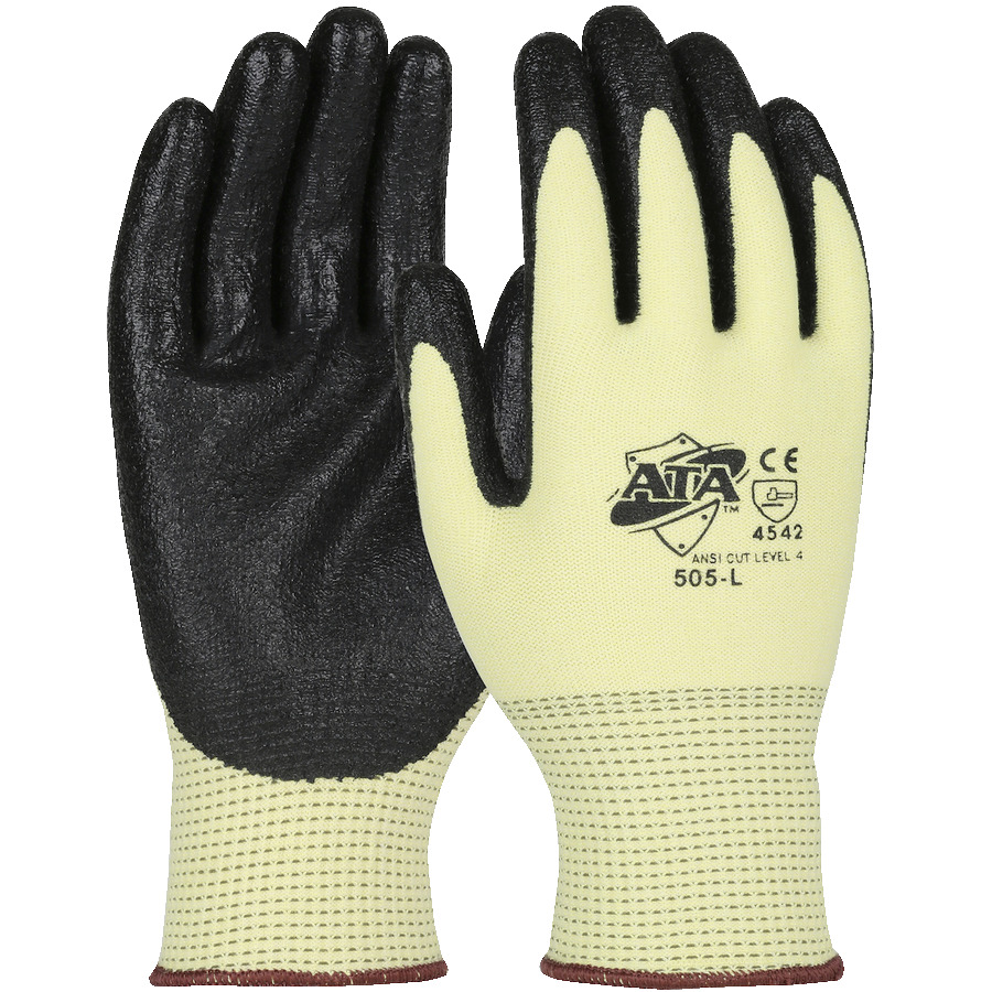 WPP 505-S Gloves, ATA Blend, Seamless Knit, Nitrile Coated, Flat Grip, Yellow, Small