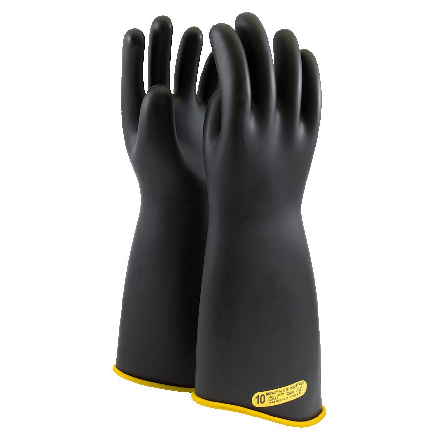 NOVAX 151-2-18/8 Gloves, Rubber Insulating, Class 2, Contour Cuff, 18", Black, Size 8, Pair