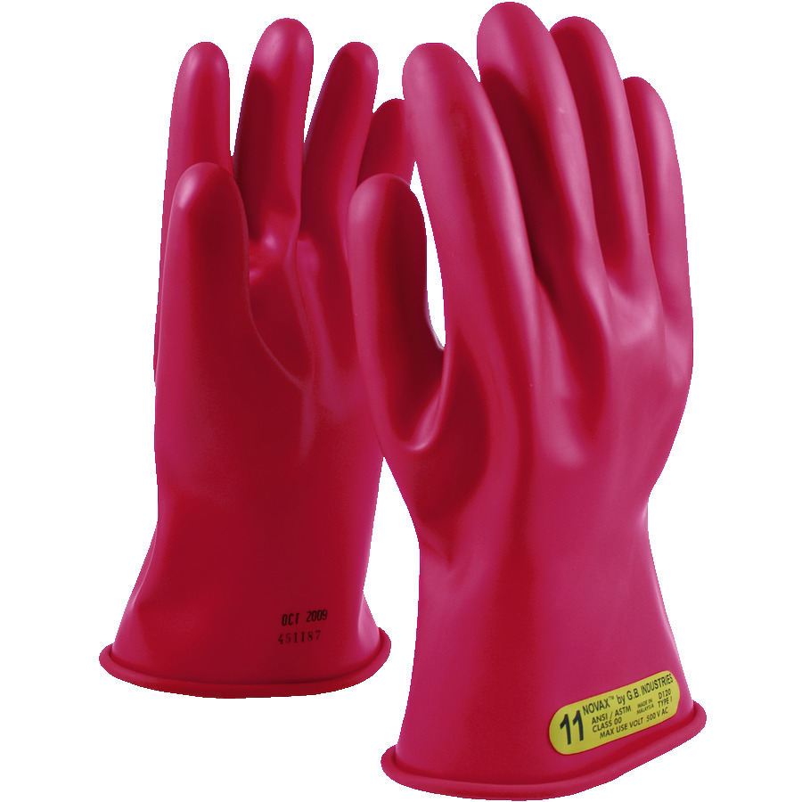 NOVAX 153-00-11/10 Gloves, Rubber Insulating, Class 00, Straight Cuff, 11", Red, Size 10, Pair