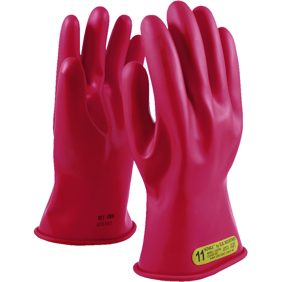 NOVAX 153-00-11/11 Gloves, Rubber Insulating, Class 00, Straight Cuff, 11", Red, Size 11, Pair