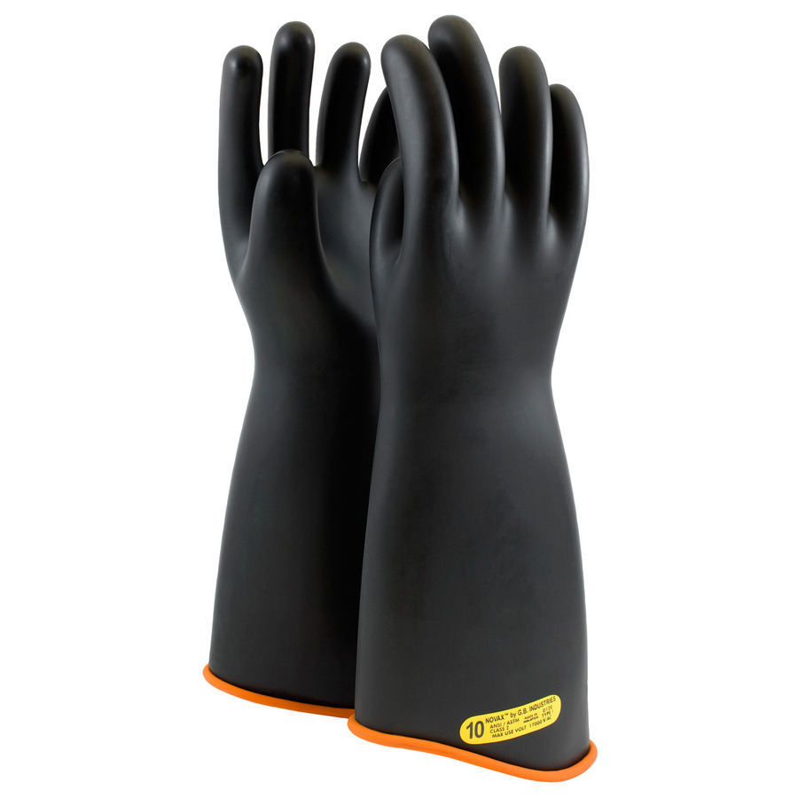 NOVAX 158-2-18/10 Gloves, Rubber Insulating, Class 2, Contour Cuff, 18", Blk/Org, Size 10, Pair