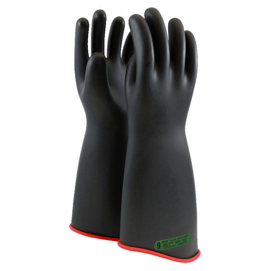 NOVAX 162-3-18/10 Gloves, Rubber Insulating, Class 3, Contour Cuff, 18", Black/Red, Size 10, Pair