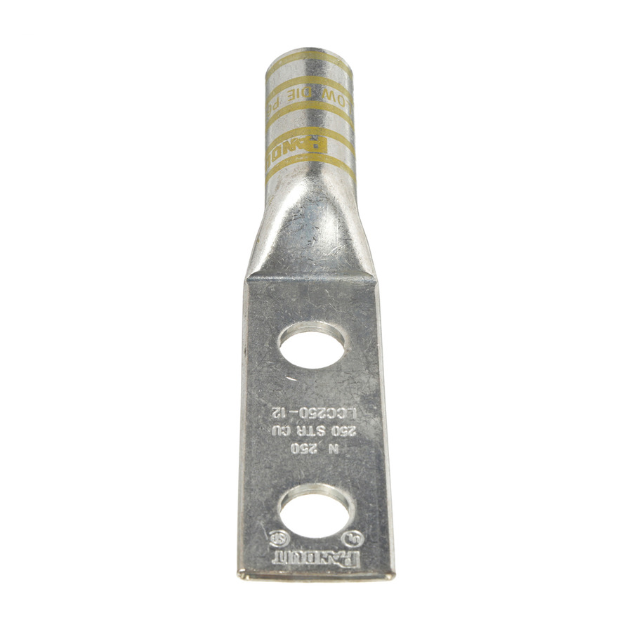 Panduit LCC250-12-X Copper Compression Lug, 2 Hole, 1/2", Long Barrel, 35kv, 250MCM, Yellow, 10Pcs