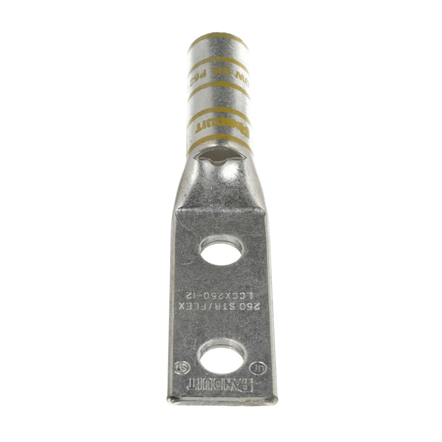 Panduit LCCX250-12-X Copper Compression Lug, 2 Hole, 1/2", Long Barrel, 35kv, Yellow, 10Pcs