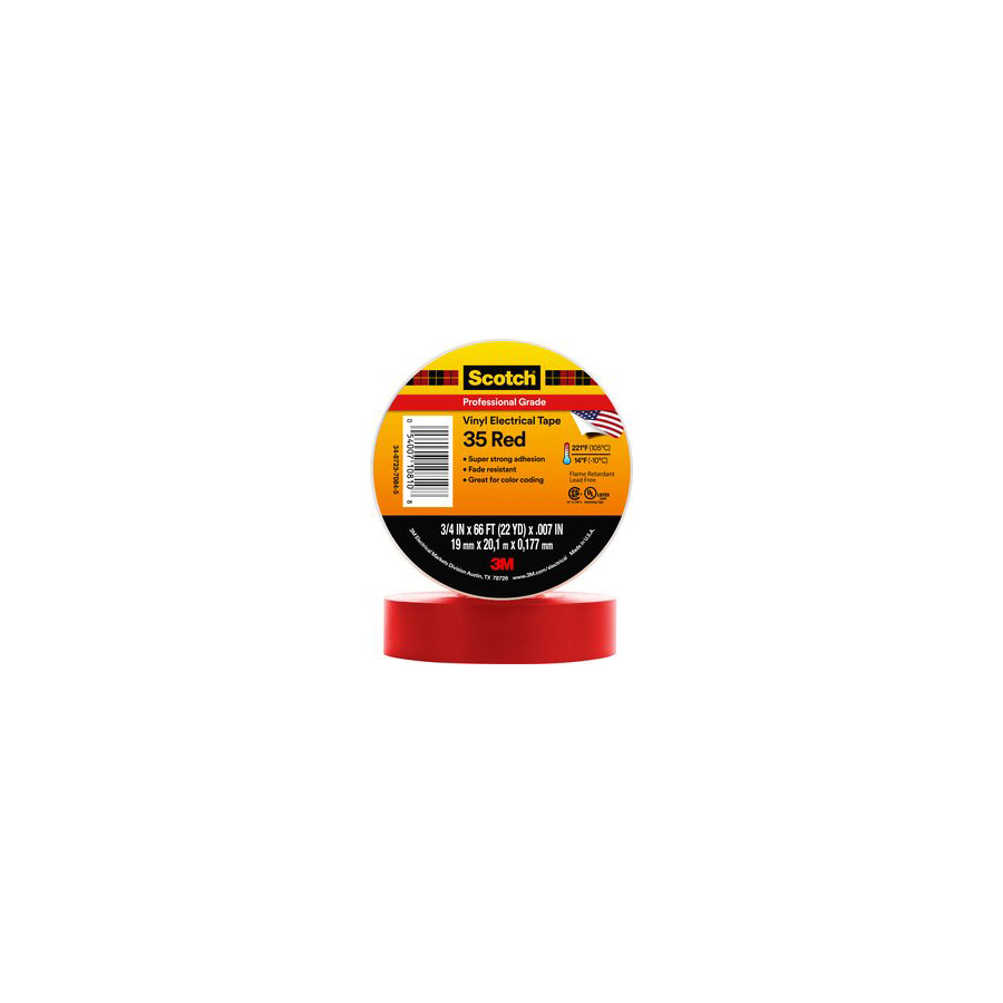 3M 7000006094 Vinyl Electrical Tape, Professional Grade, 35 Red, 3/4" x 66'