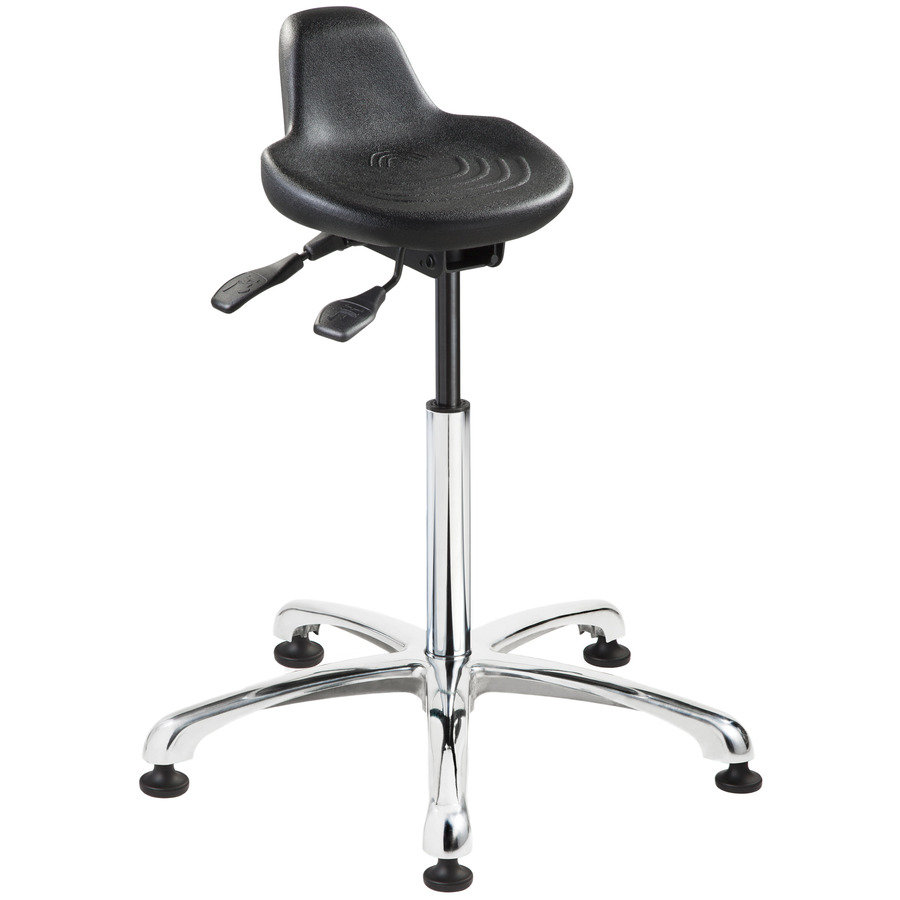 Bevco 3555 Polyurethane Seat, Sit Stand, Black, Polished Aluminum Base, Mushroom Glides, Adj. 22"-32"