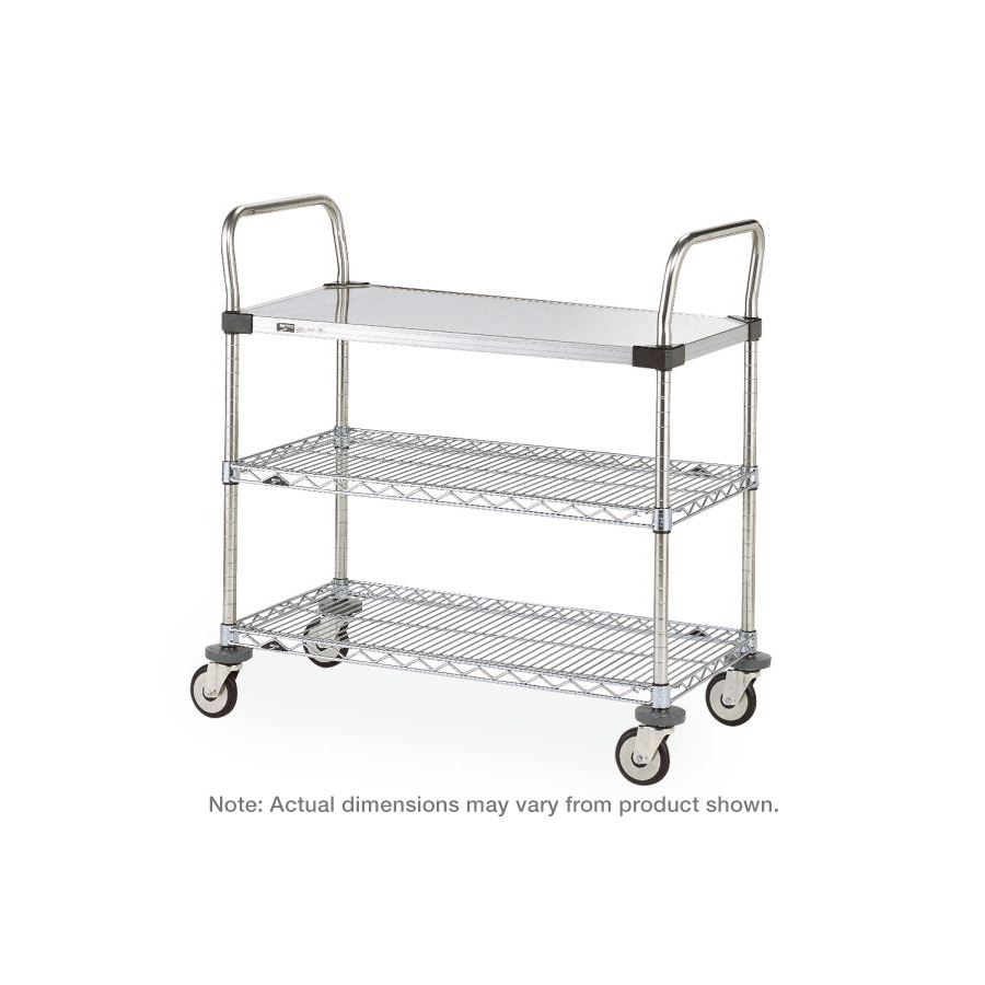 Metro MW402 Utility Cart, 1 Stainless Steel Solid & 2 Chrome Wire Shelves, 18"x30"x38", MW Series