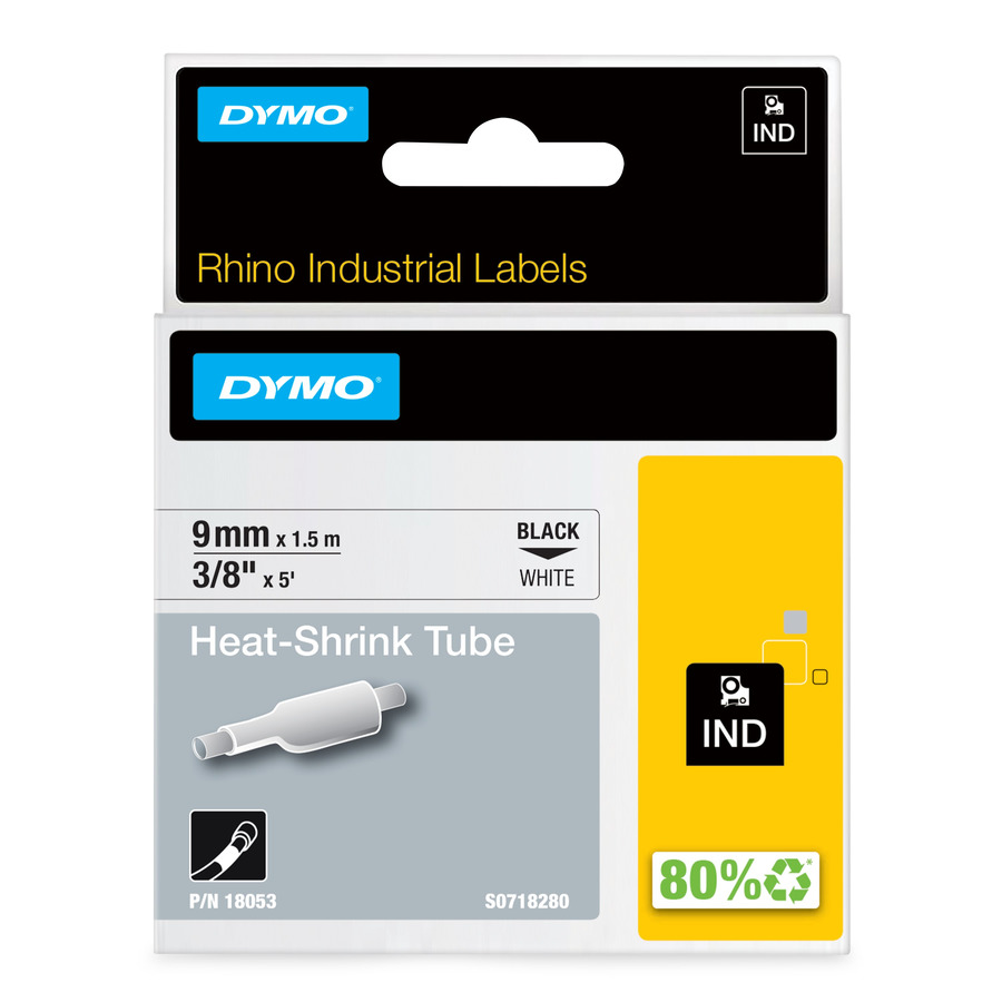 DYMO 18053 Rhino Heat Shrink Tubes, White, 3/8" x 5', 9mm