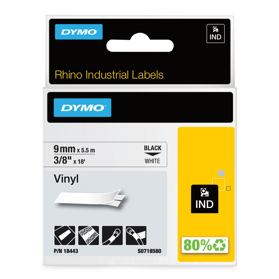 DYMO 18443 Rhino Labels, White Vinyl, Black Print, 3/8" x 18', 9mm