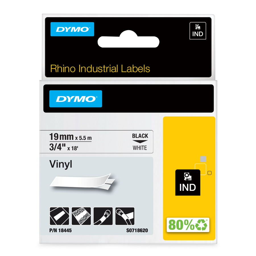 DYMO 18445 Rhino Labels, White Vinyl, Black Print, 3/4" x 18', 19mm