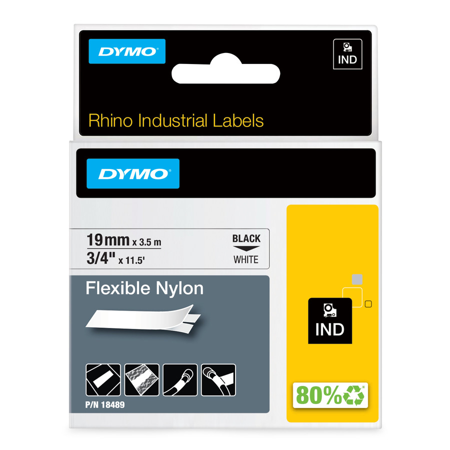 DYMO 18489 Rhino Labels, White, Flex Nylon, 3/4" x 11.5', 19mm