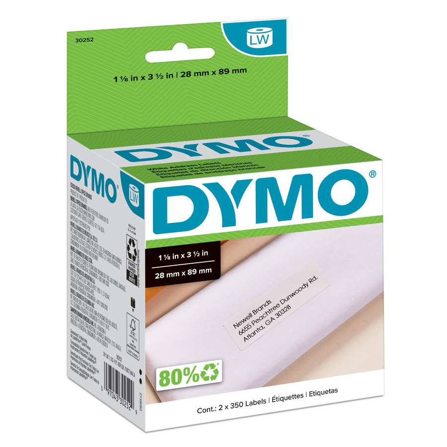 DYMO 30252 LabelWriter Address Labels, Roll, White, 1-1/8" x 3-1/2", 350/Ct, 2/Pk