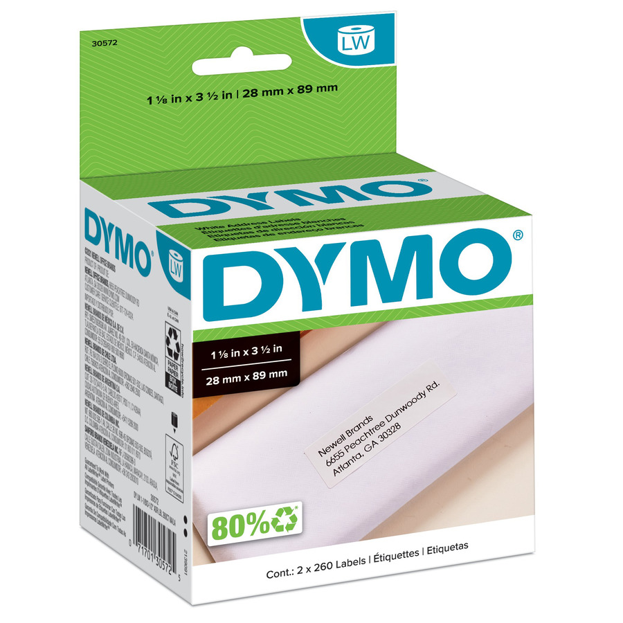 DYMO 30572 LabelWriter Address Labels, Roll, White, 1-1/8" x 3-1/2", 260/Ct, 2/Pk