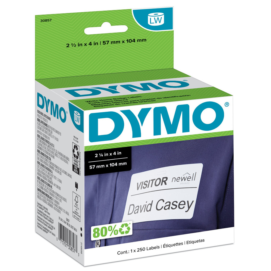 DYMO 30857 LabelWriter Name Badge Labels, Roll, White, 2-1/4" x 4" 250/Ct