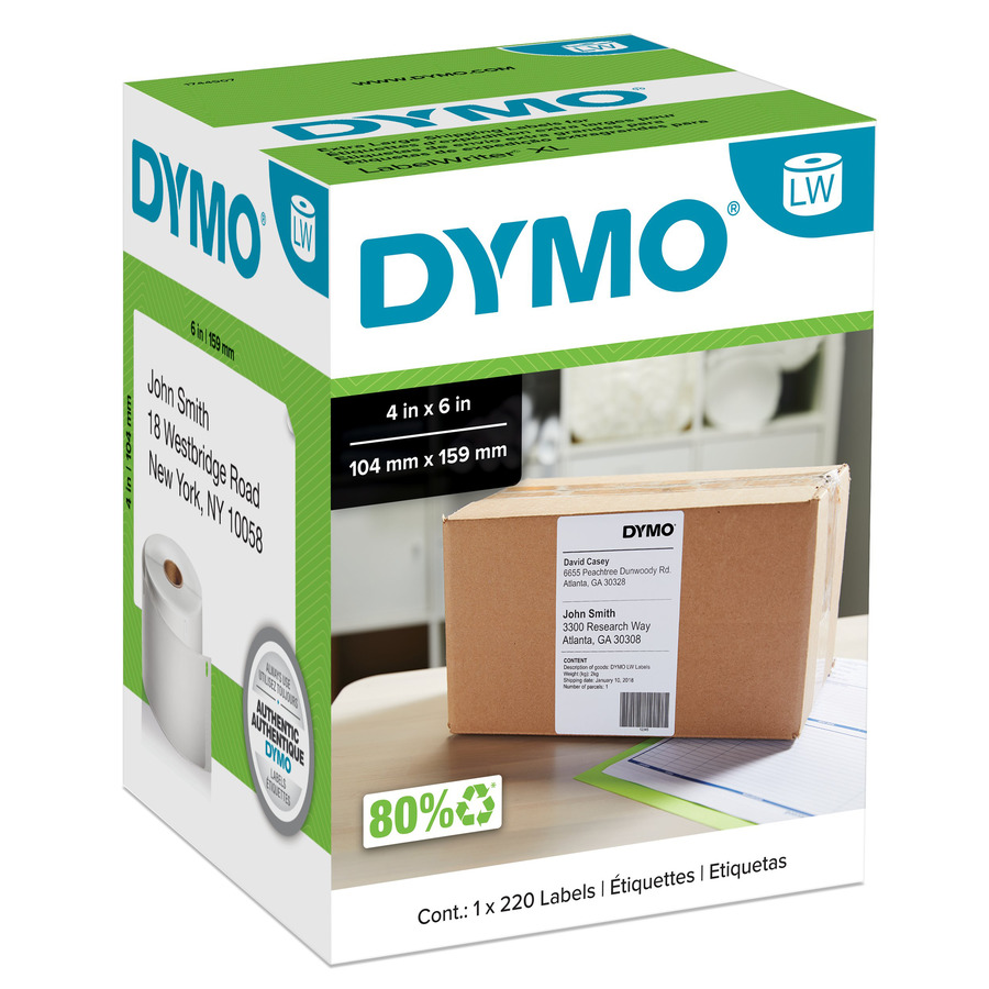 DYMO 1744907 LabelWriter Shipping Labels, Roll, White, Black Print, 4" x 6", 220/Ct