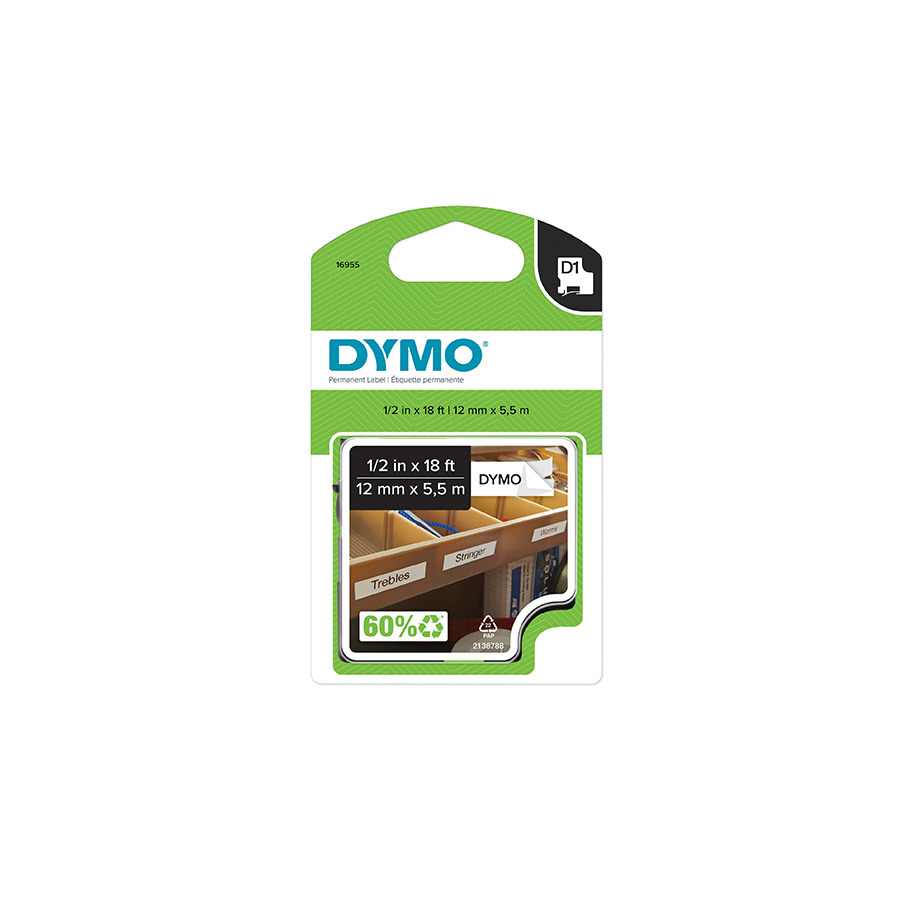 DYMO 16955 Labeling Tape, D1 Cartridge, Permanent, Plastic, 0.5" x 18', Black on White, LabelManager Series