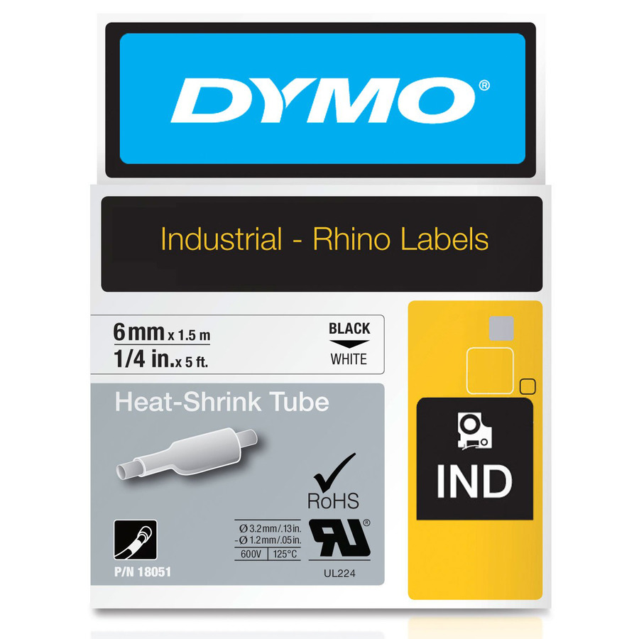 DYMO 18051 Rhino Heat Shrink Tube, 1/4" White/Black Print