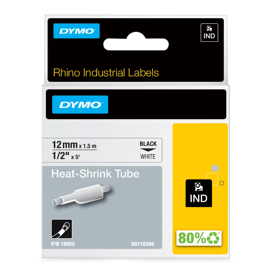 DYMO 18055 Rhino Heat Shrink Tube, 1/2" x 5', White/Black Print