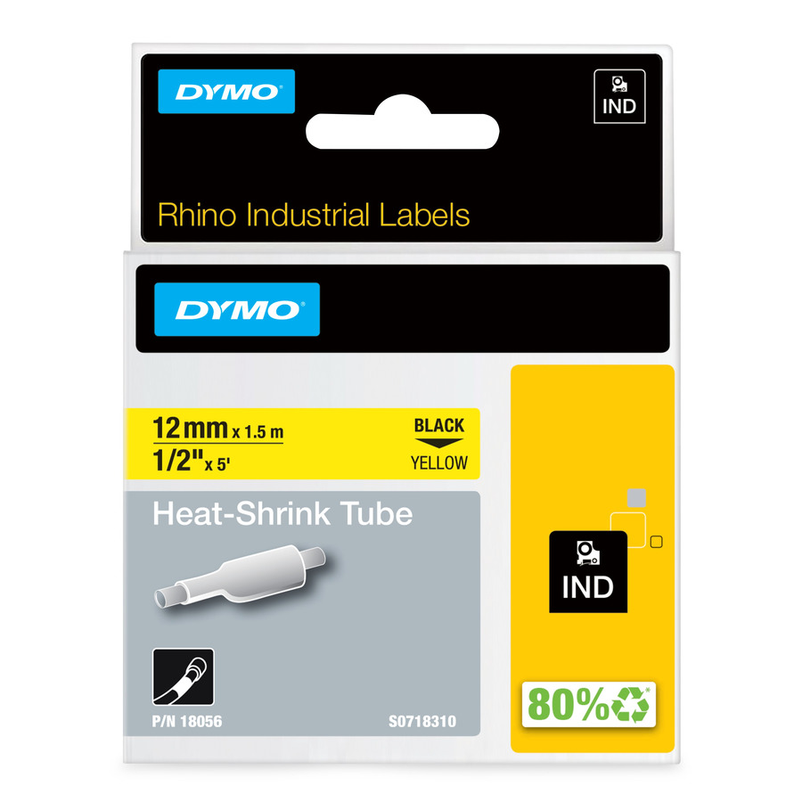 DYMO 18056 Rhino Heat Shrink Tube, 1/2" x 5', Yellow/Black Print