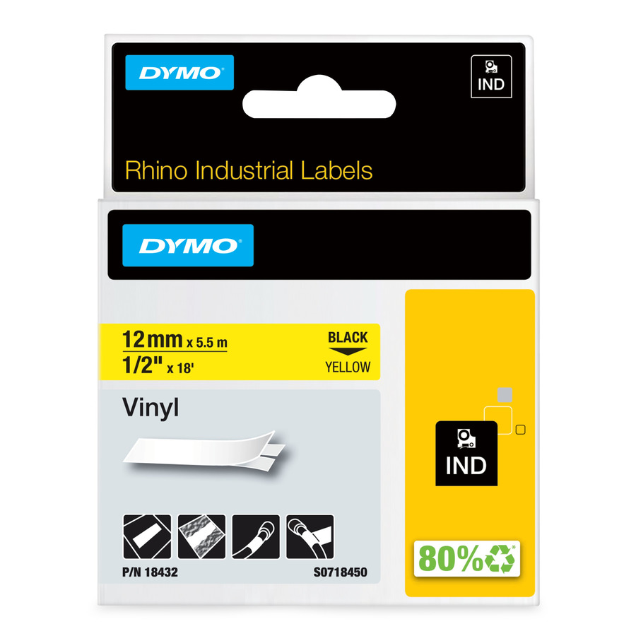 DYMO 18432 Rhino Industrial Labels, Vinyl, 1/2" x 18', Yellow/Black Print