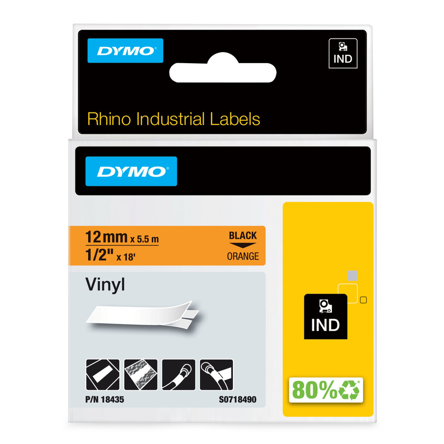 DYMO 18435 Rhino Industrial Labels, Vinyl, 1/2" x 18', Orange/Black Print