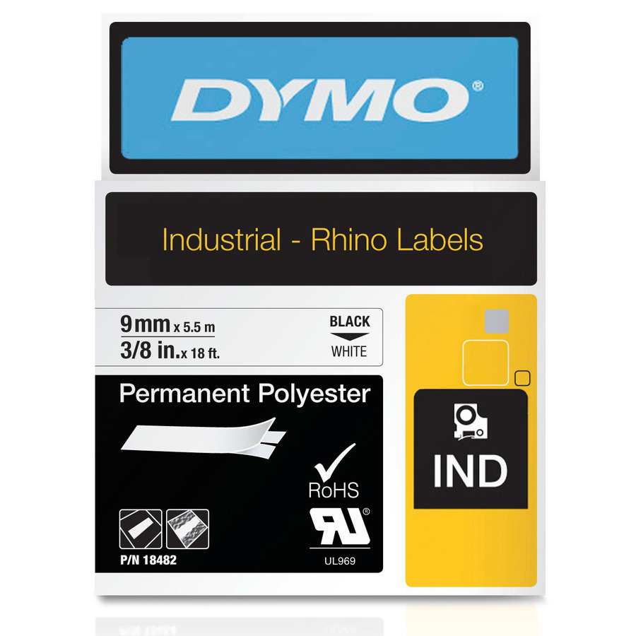 DYMO 18482 Rhino Industrial Labels, Permanent, Polyester, 3/8" x 18', White