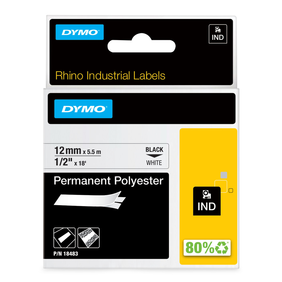 DYMO 18483 Rhino Permanent Polyester Labels, 1/2" x 18', White/Black Print