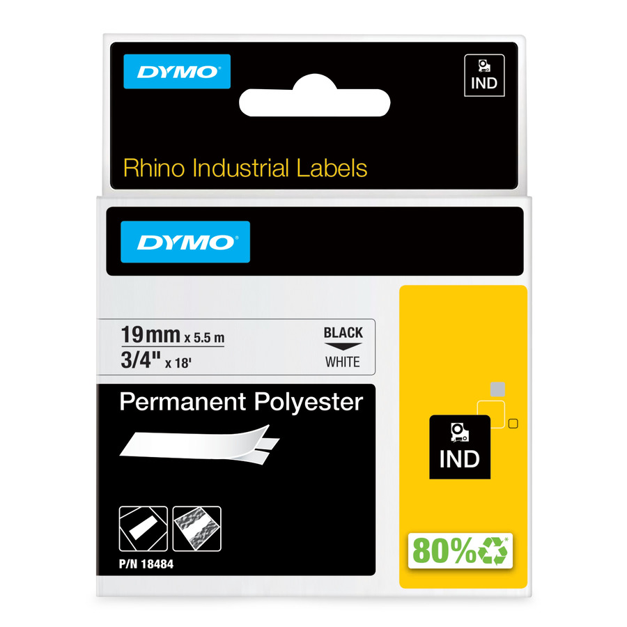 DYMO 18484 Rhino Indsutrial Permanent Labels, Polyester, 3/4" x 18', White/Black Print