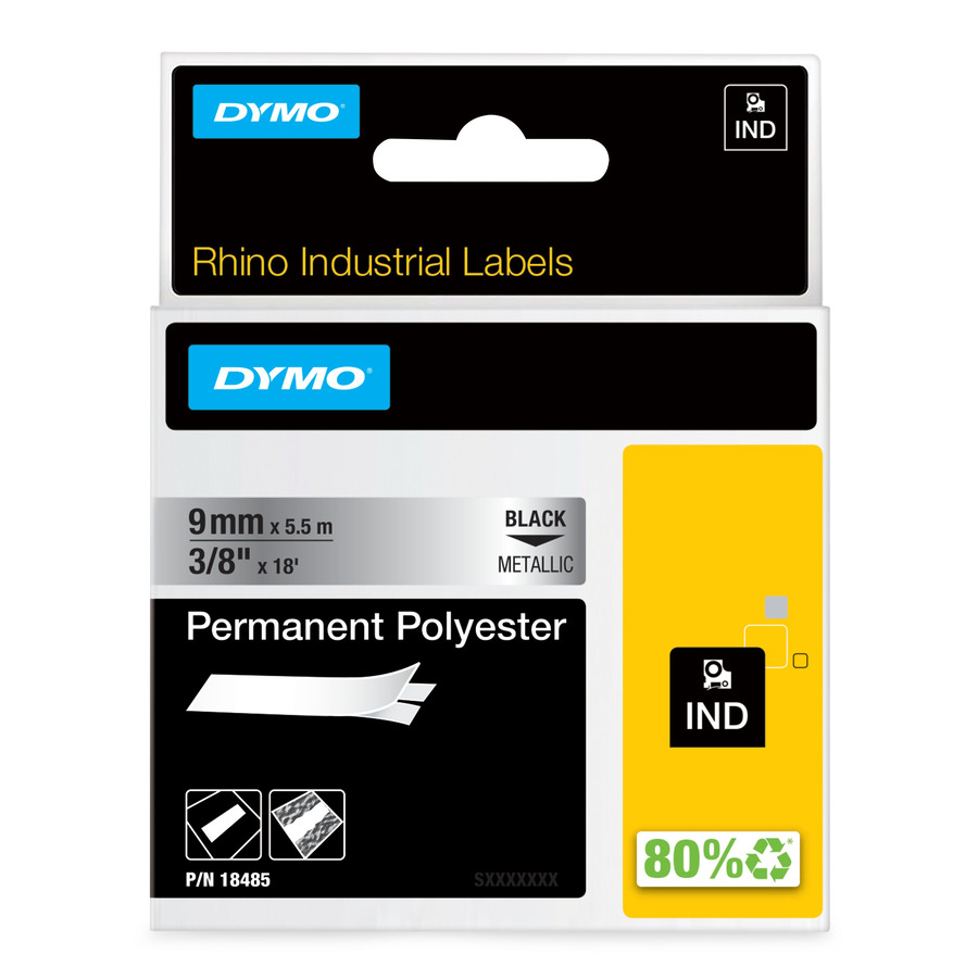 DYMO 18485 Rhino Indsutrial Permanent Labels, Polyester, 3/8" x 18', Metallic/Black Print