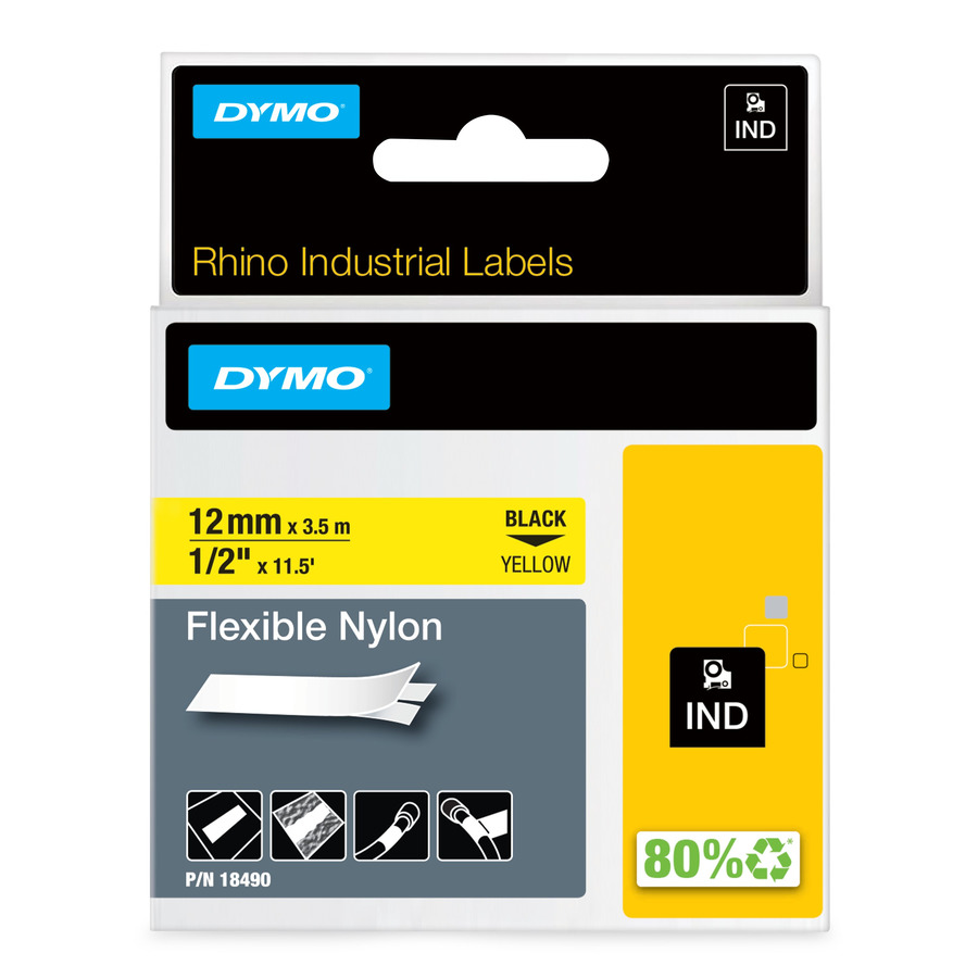 DYMO 18490 Rhino Indsutrial Labels, Flexible Nylon, 1/2" x 11.5', Yellow/Black Print