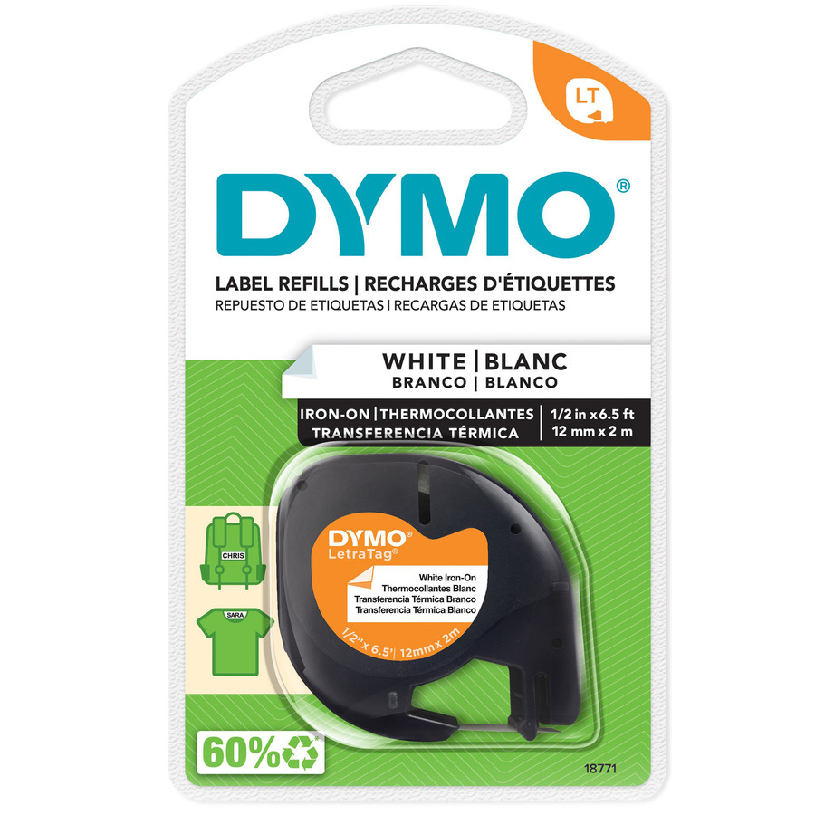 DYMO 18771 LetraTag Iron-On Fabric Label Refill, 1/2" x 6.5', White/Black Print