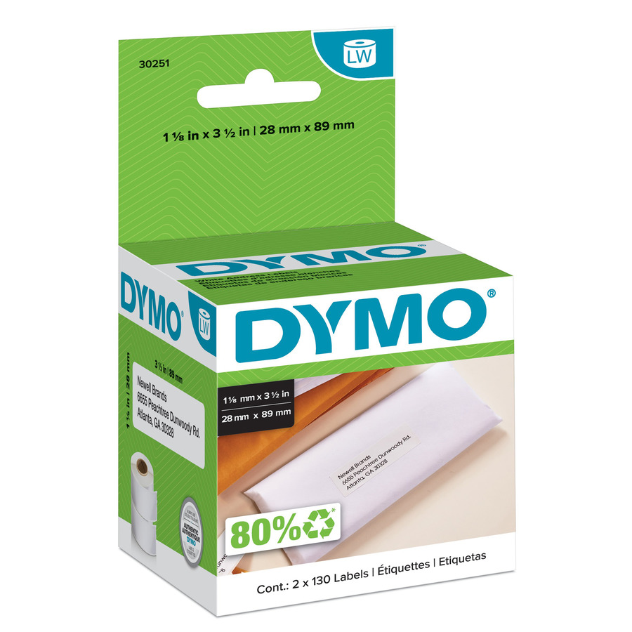 DYMO 30251 LabelWriter Address Labels, 1-1/8" x 3-1/2", White, 260/Ct