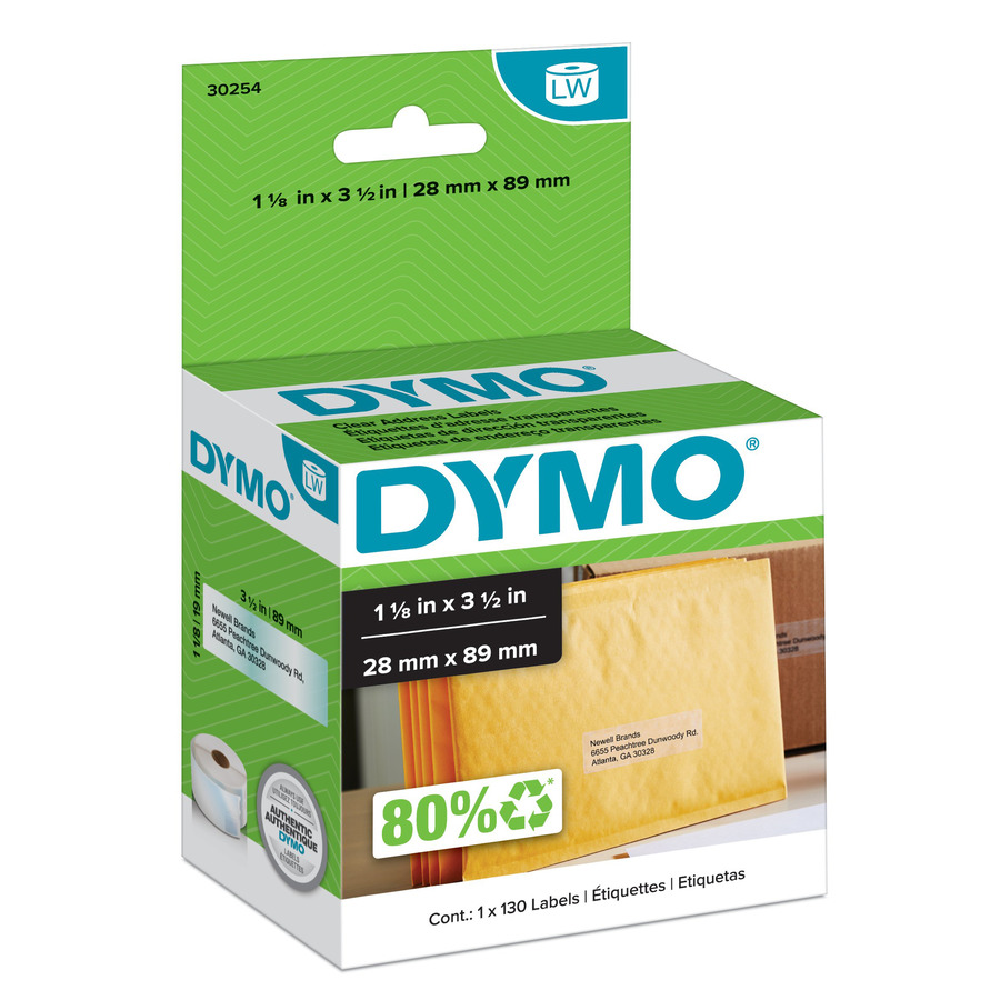 DYMO 30254 LabelWriter Address Labels, 1-1/8" x 3-1/2", Clear, 130/Ct