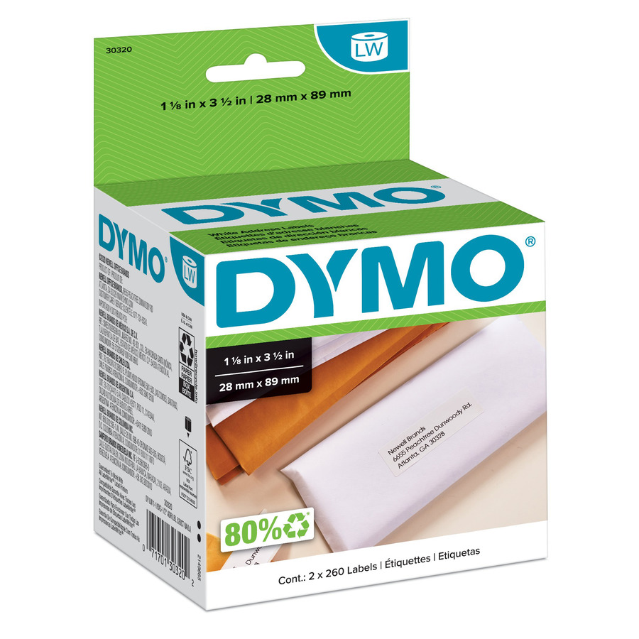 DYMO 30320 LabelWriter Address Labels, White, 1-1/8" x 3-1/2", 520/Ct