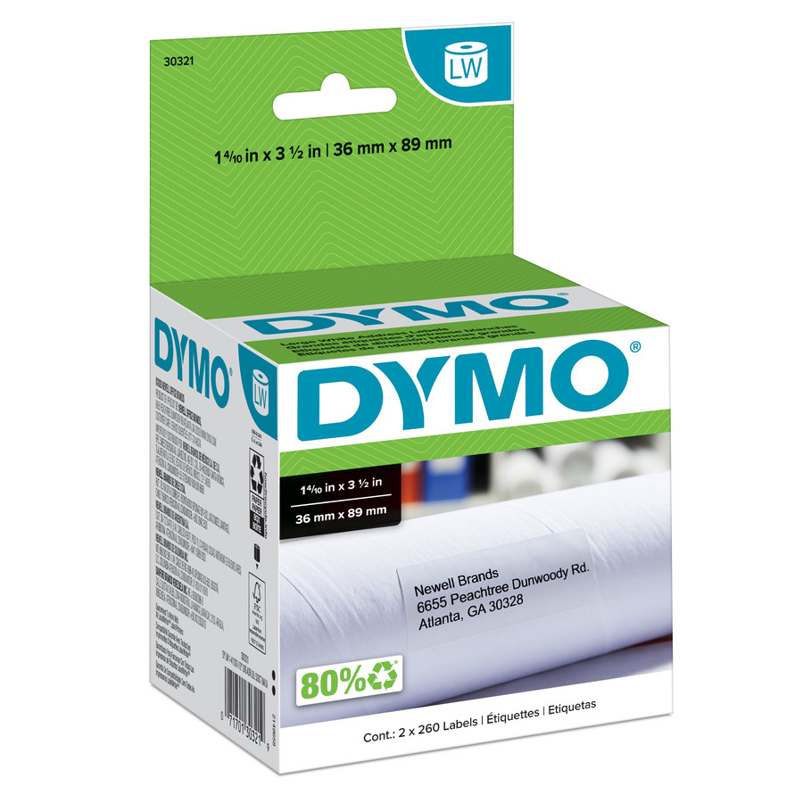 DYMO 30321 LabelWriter Large Address Labels, White, 1-4/10" x 3-1/2", 520/Ct